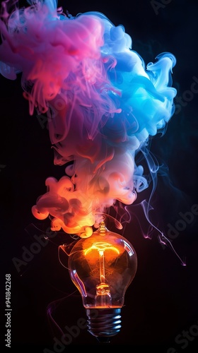 Dramatic scene with a glowing light bulb releasing colorful smoke in red, blue, and pink, set against a dark backdrop. photo