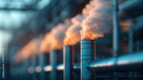 An image showing a row of industrial pipes releasing smoke into the evening sky, emphasizing the environmental concerns related to air pollution and industrial emissions. photo