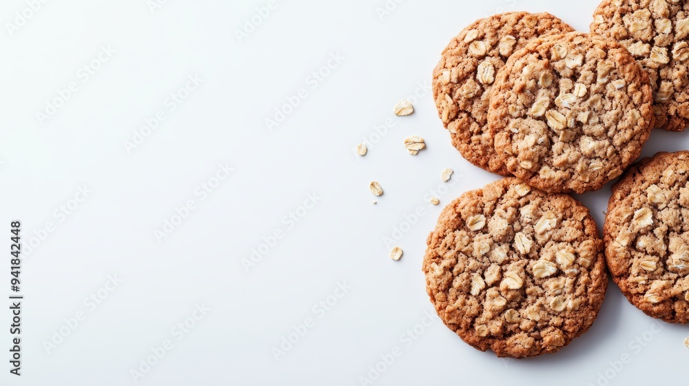 This image showcases four delicious oat cookies on a white surface with some oats scattered around, making for an appealing and healthy snack that looks freshly homemade. This image showcases four delicious oat cookies on a white surface with some oats scattered around, making for an appealing and healthy snack that looks freshly homemade.