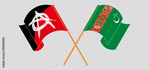 Crossed and waving flags of Anarchy and Turkmenistan