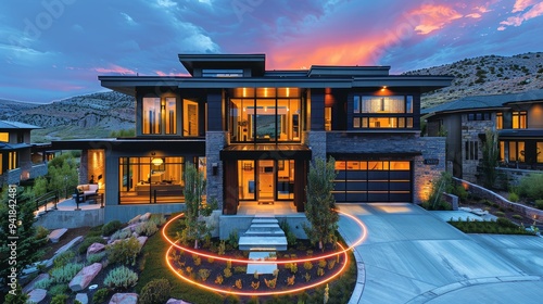 Contemporary house featuring expansive windows, a sleek architectural design, and an illuminated path with a vibrant sunset sky. photo