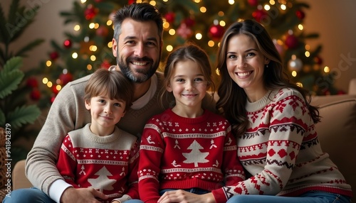 A heartwarming family portrait in Christmas-themed attire, posing in front of a decorated tree with subtle holiday decorations and warm lighting.