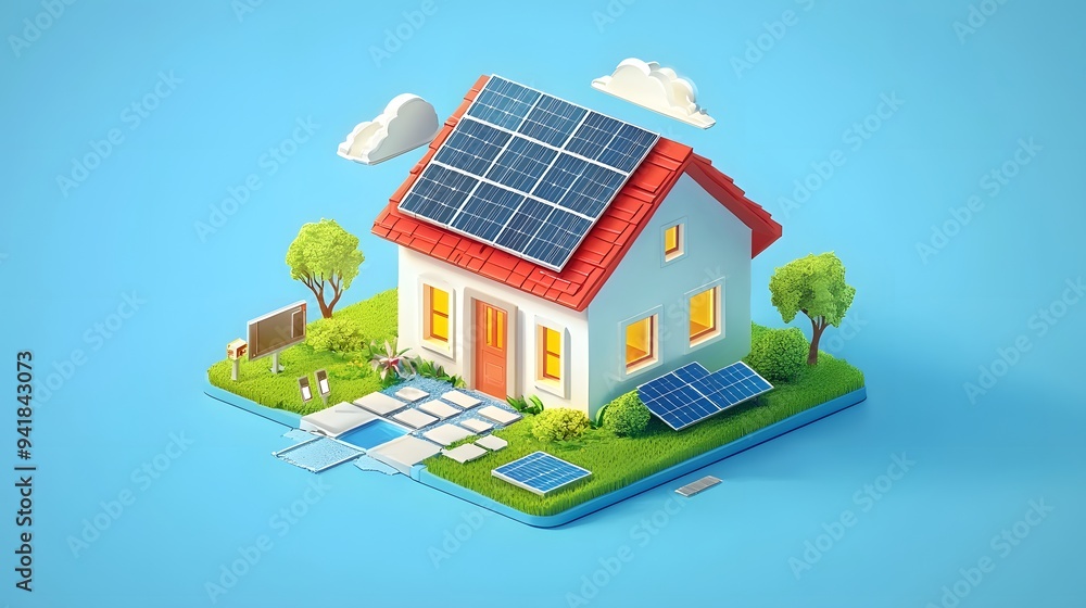 Modern eco-friendly house with solar panels in a vibrant landscape. Modern eco-friendly house with solar panels in a vibrant landscape.