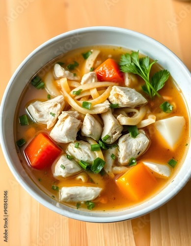 A hearty bowl of chicken noodle soup with tender chicken, vegetables, and fresh herbs, set against a soft, warm background with natural lighting, highlighting its nourishing ingredients.