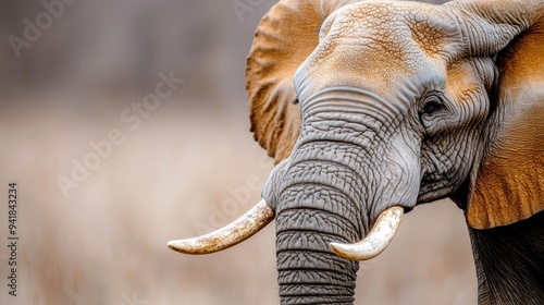 Image portraying an elephant with long tusks situated in an open natural landscape, emphasizing its majesty and the serene environment around it. photo