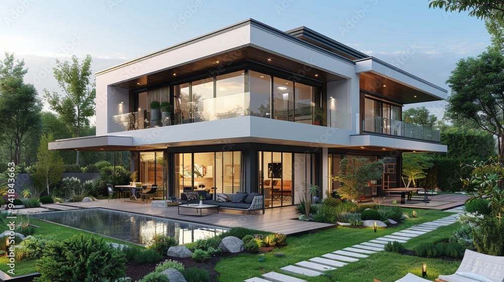 An elegant modern house with expansive glass walls, featuring a stylish swimming pool, outdoor seating area, and set within a lush, verdant garden landscape. An elegant modern house with expansive glass walls, featuring a stylish swimming pool, outdoor seating area, and set within a lush, verdant garden landscape.