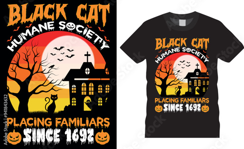 American ghost Halloween t-shirt Design. Black cat humane society placing familiars since 1692 Typography t-shirt Design perfect for any Halloween party lovers.