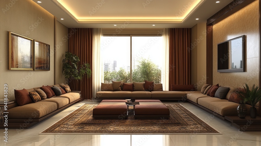 A large living room with a tan couch and brown chairs A large living room with a tan couch and brown chairs