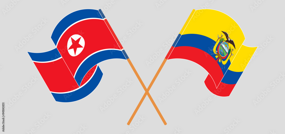 Crossed and waving flags of North Korea and Republic of Ecuador Crossed and waving flags of North Korea and Republic of Ecuador