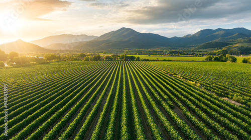 Picturesque Vineyard Landscape with Mountains and Sunset