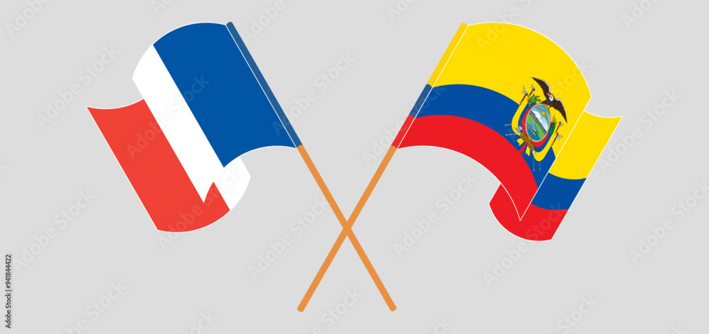 Crossed and waving flags of France and Republic of Ecuador Crossed and waving flags of France and Republic of Ecuador