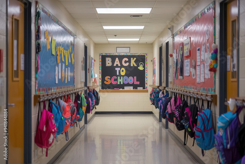 A row of colorful backpacks hanging on hooks in a school hallway, with a blackboard at the end of the hall featuring a bright and welcoming 