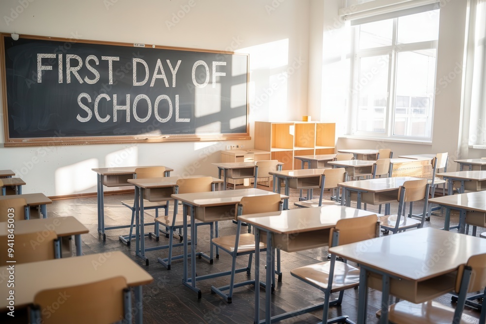 An empty classroom with neatly arranged desks and chairs, a large blackboard with An empty classroom with neatly arranged desks and chairs, a large blackboard with