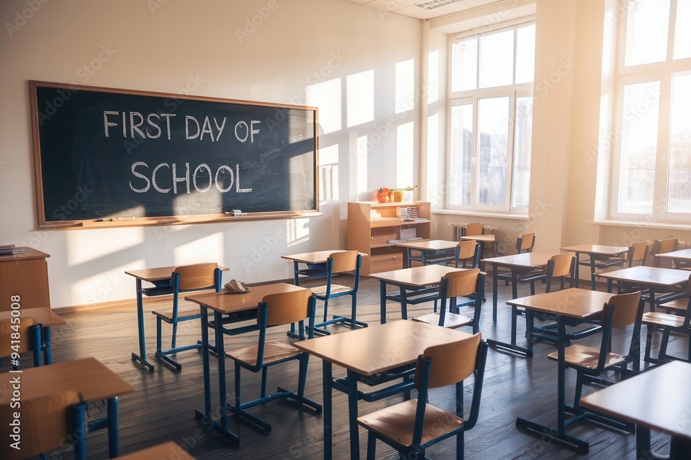 An empty classroom with neatly arranged desks and chairs, a large blackboard with An empty classroom with neatly arranged desks and chairs, a large blackboard with