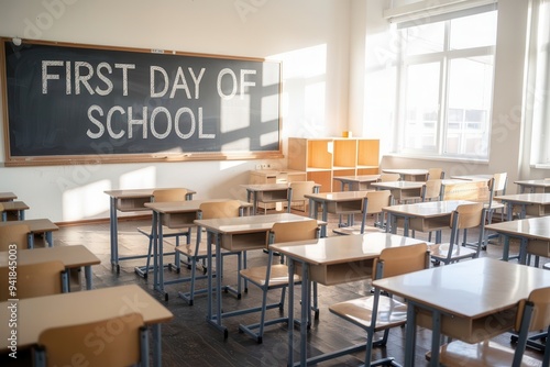 An empty classroom with neatly arranged desks and chairs, a large blackboard with "First Day of School" written in chalk, and sunlight streaming through the windows