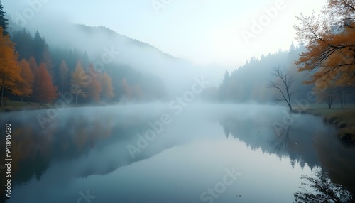 A misty morning scene by a lake with the water reflecting the fog-covered trees, creating a calm and serene atmosphere