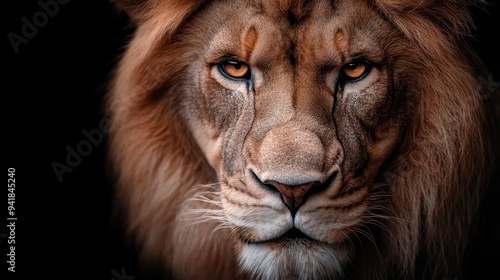 This majestic lion is in sharp focus, showcasing its regal mane and intense eyes, capturing the majestic essence and power of the king of the jungle.