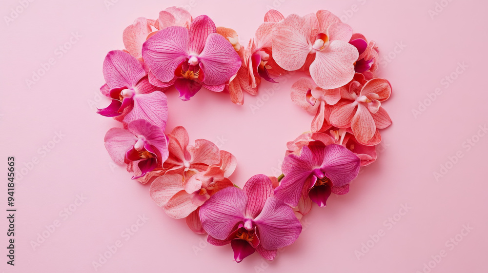 Orchid flowers shaped into a heart on pink Valentine's Day background. Flat lay. Orchid flowers shaped into a heart on pink Valentine's Day background. Flat lay.