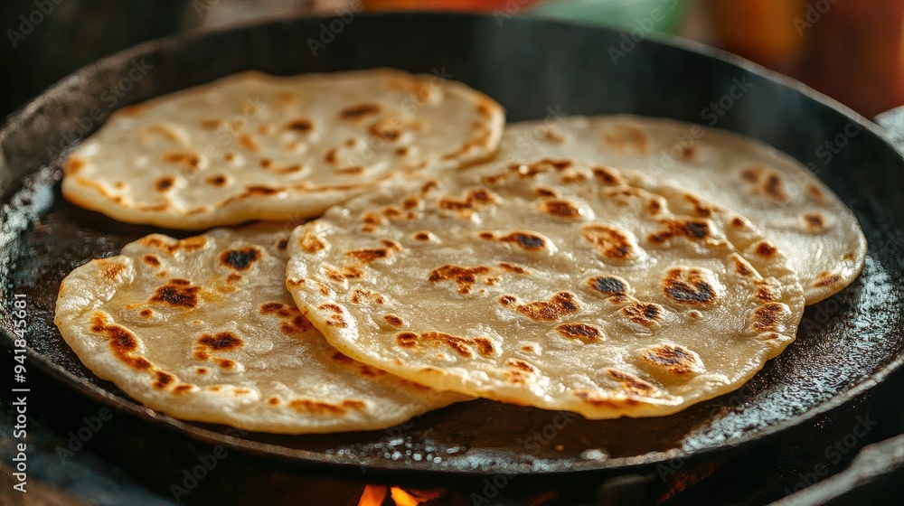 Close-up of freshly made roti on a hot griddle, with golden-brown, crispy edges and soft, pliable texture Close-up of freshly made roti on a hot griddle, with golden-brown, crispy edges and soft, pliable texture
