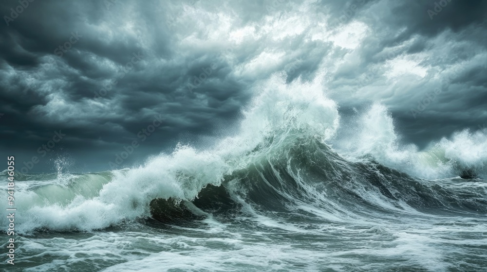 Close-up of powerful waves hitting the shore during a storm, with dramatic sky and turbulent waters - Close-up of powerful waves hitting the shore during a storm, with dramatic sky and turbulent waters -