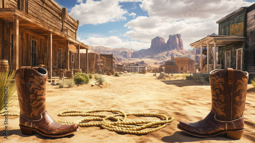 A Wild West background image scene with a dusty Main Street and desert mountains and clouds in the distance- a cowboy town backdrop - cowboy boots and a rope in the foreground, a ghost town, copyspace