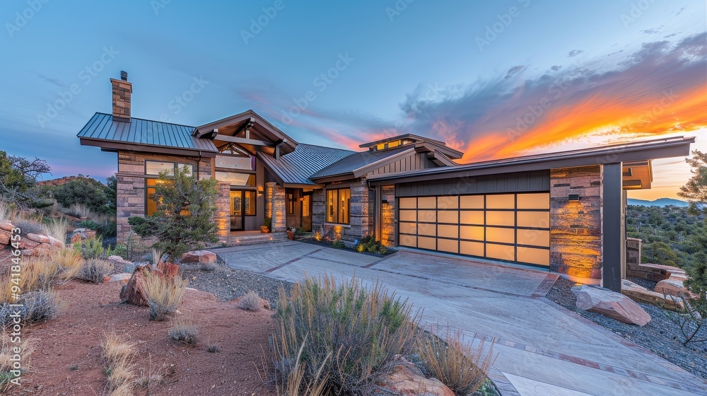 A stylish modern house set against a stunning desert landscape with contemporary features, captured during a vibrant sunset. A stylish modern house set against a stunning desert landscape with contemporary features, captured during a vibrant sunset.