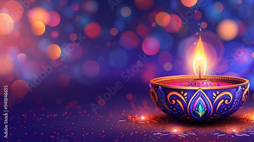 Colorful happy diwali diya oil lamp with flame festive bokeh lights copy space hindu festival celebration
