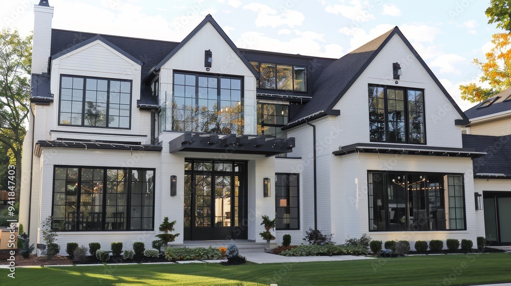 A modern classic house with sharp black-frame windows and pristine white walls, complemented by a manicured garden, captured in the early morning light. A modern classic house with sharp black-frame windows and pristine white walls, complemented by a manicured garden, captured in the early morning light.