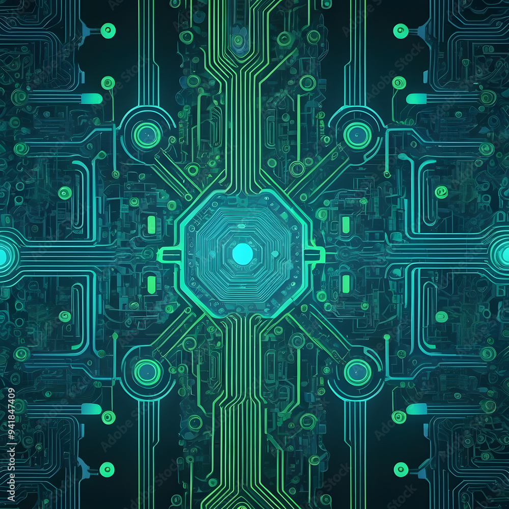 Futuristic Circuit Board Pattern in Neon Blue and Green - Intricate T-shirt Design for Tech Lovers. Futuristic Circuit Board Pattern in Neon Blue and Green - Intricate T-shirt Design for Tech Lovers.
