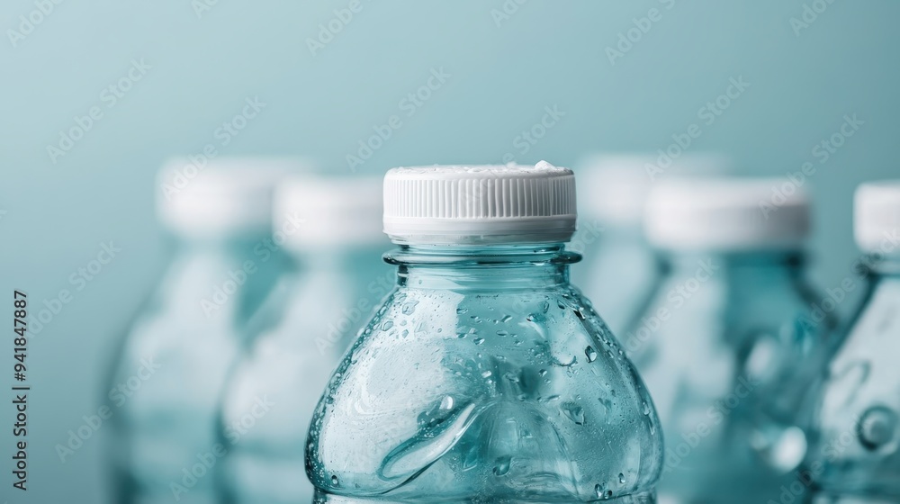 Close-up shot of multiple plastic water bottles with white caps, covered in condensation droplets, emphasizing purity and freshness in a bright setting. Close-up shot of multiple plastic water bottles with white caps, covered in condensation droplets, emphasizing purity and freshness in a bright setting.