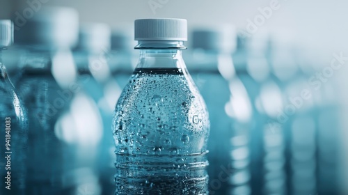 A row of clear plastic water bottles with white caps, close up view showing detailed condensation droplets on the bottles, capturing a fresh and cold look.