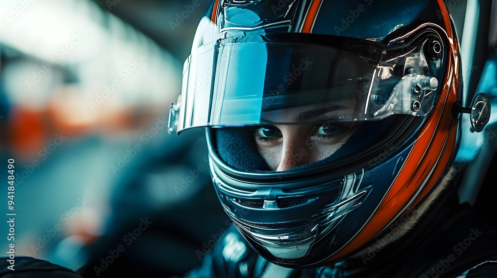 Close-up of a male race car driver in a helmet, focused and ready for the race. Close-up of a male race car driver in a helmet, focused and ready for the race.