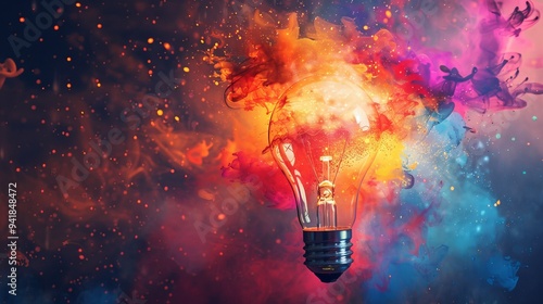 This artistic image captures a light bulb surrounded by colorful swirling smoke, representing creativity and innovation.