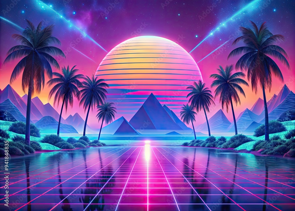 Naklejka premium Nostalgic Neon Dreamscape: Retro, Dreamy, Pastel, Futuristic, Vaporwave