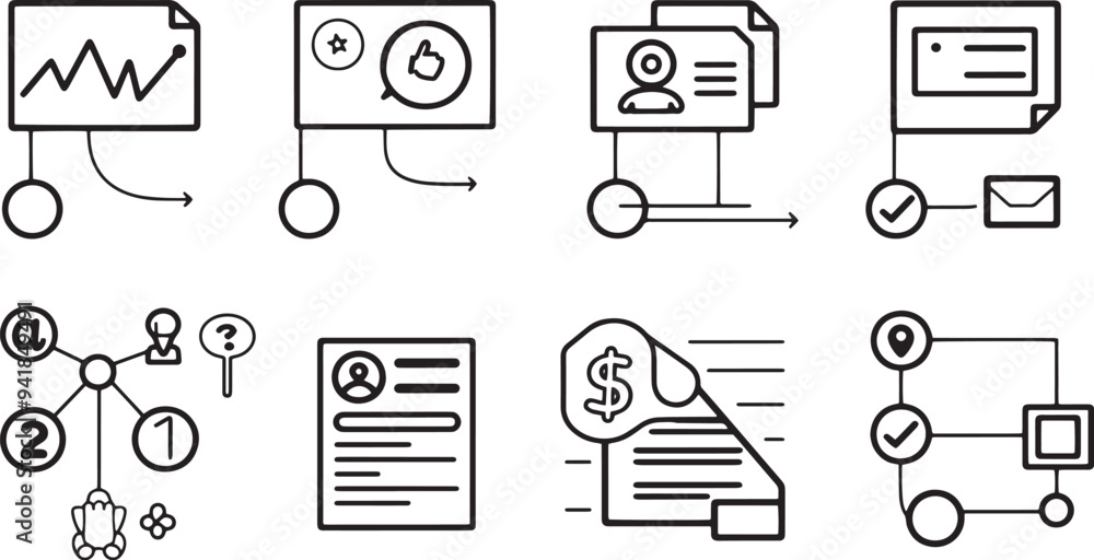 A simple vector icon set featuring a user flow, referral traffic, organic search, and social media metrics A simple vector icon set featuring a user flow, referral traffic, organic search, and social media metrics