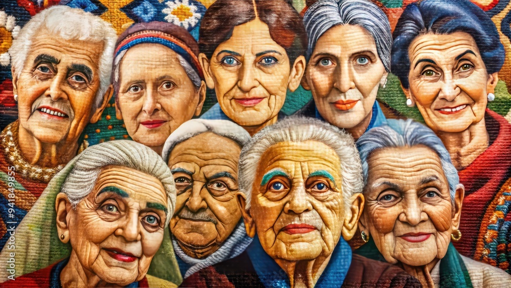 Fototapeta premium Nostalgic Tapestry: Elderly faces with vibrant colors, aged textures, and woven patterns.