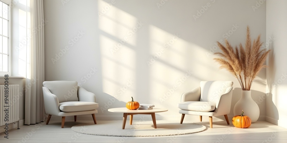 Obraz premium A simple, stylish room featuring neutral-colored furniture, creating a calm and inviting atmosphere perfect for relaxation