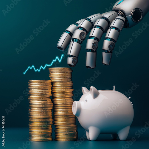 The robot hand put coins into a piggy bank with stacked coins and arrows rising to grow. savings and increase the investment concept of annual dividend profit

