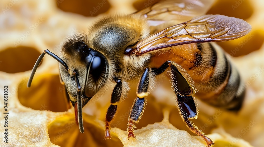 Close-up of a bee on honeycomb, showcasing intricate details of its body and wings, highlighting the beauty of nature. Close-up of a bee on honeycomb, showcasing intricate details of its body and wings, highlighting the beauty of nature.