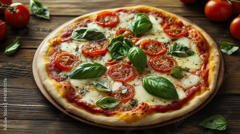 Margherita Pizza with a crispy thin crust, topped with fresh tomatoes, mozzarella cheese, and basil leaves Margherita Pizza with a crispy thin crust, topped with fresh tomatoes, mozzarella cheese, and basil leaves