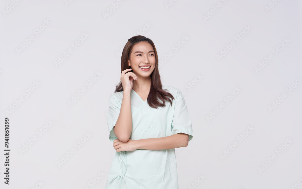 Happy asian woman patient arms crossed isolated on white studio background. life insurance and coverage concept. Happy asian woman patient arms crossed isolated on white studio background. life insurance and coverage concept.
