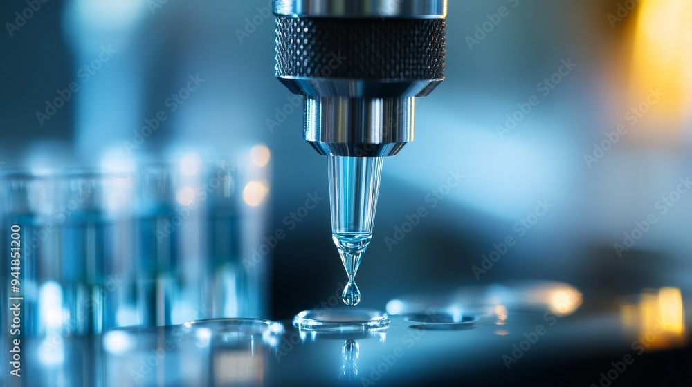 Close-up of a precision micropipette dispelling a droplet of liquid, showcasing the technology in a laboratory environment. Close-up of a precision micropipette dispelling a droplet of liquid, showcasing the technology in a laboratory environment.