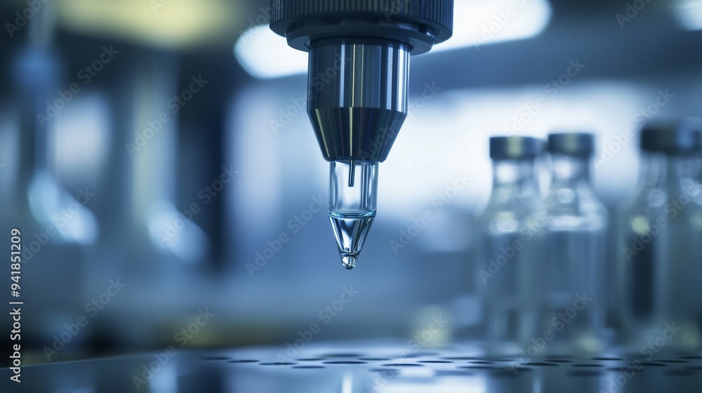 Close-up of a precision instrument dispensing a drop of liquid in a laboratory setting with glass vials in the background. Close-up of a precision instrument dispensing a drop of liquid in a laboratory setting with glass vials in the background.