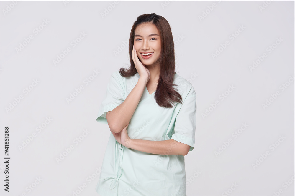 Happy asian woman patient arms crossed isolated on white studio background. life insurance and coverage concept. Happy asian woman patient arms crossed isolated on white studio background. life insurance and coverage concept.
