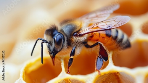 Close-up of a vibrant bee on honeycomb, showcasing intricate details of wings and body, highlighting nature's pollinator.