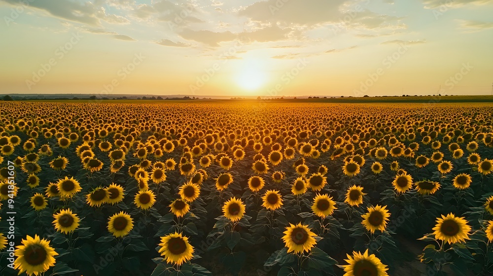 Fototapeta premium A vibrant field of sunflowers at sunset, showcasing nature's beauty.