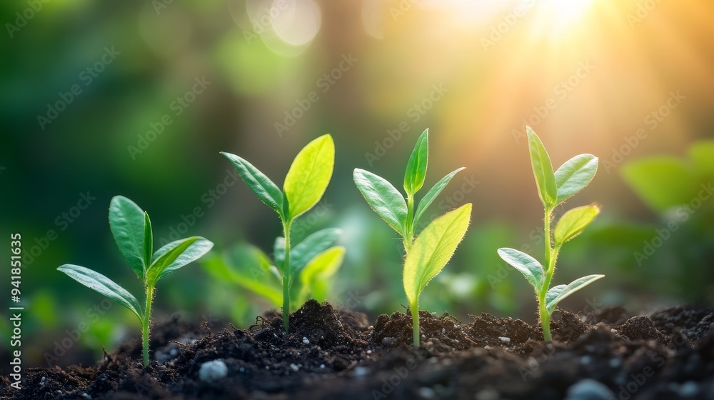 Fresh green seedlings emerging from rich soil, illuminated by soft sunlight, symbolizing growth and new beginnings in nature. Fresh green seedlings emerging from rich soil, illuminated by soft sunlight, symbolizing growth and new beginnings in nature.