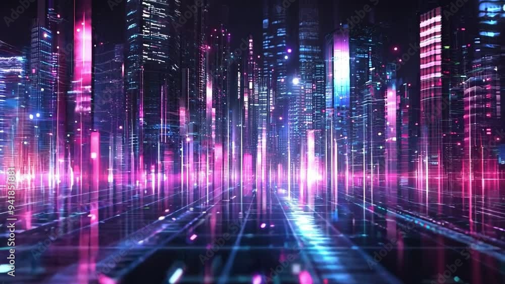 A vibrant cityscape filled with neon lights and shimmering reflections, creating a futuristic atmosphere at night. A vibrant cityscape filled with neon lights and shimmering reflections, creating a futuristic atmosphere at night.