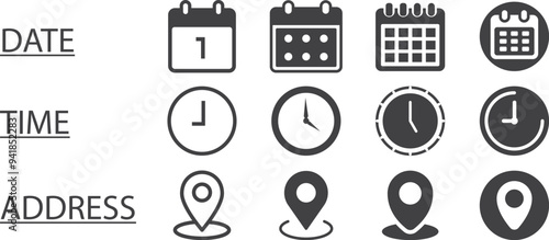 Date, Time, Address or Place Icons: Symbol -
Time, date and address or Place icon set. Clock, calendar, location pin. Vector illustration.