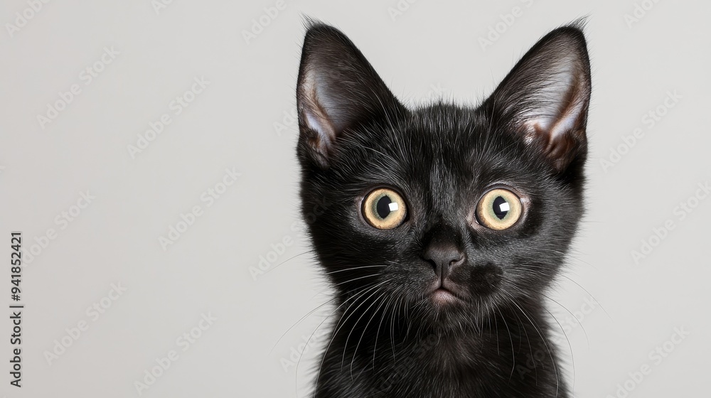 Obraz premium A close-up of a curious black kitten with striking yellow eyes, showcasing its playful and adorable personality.